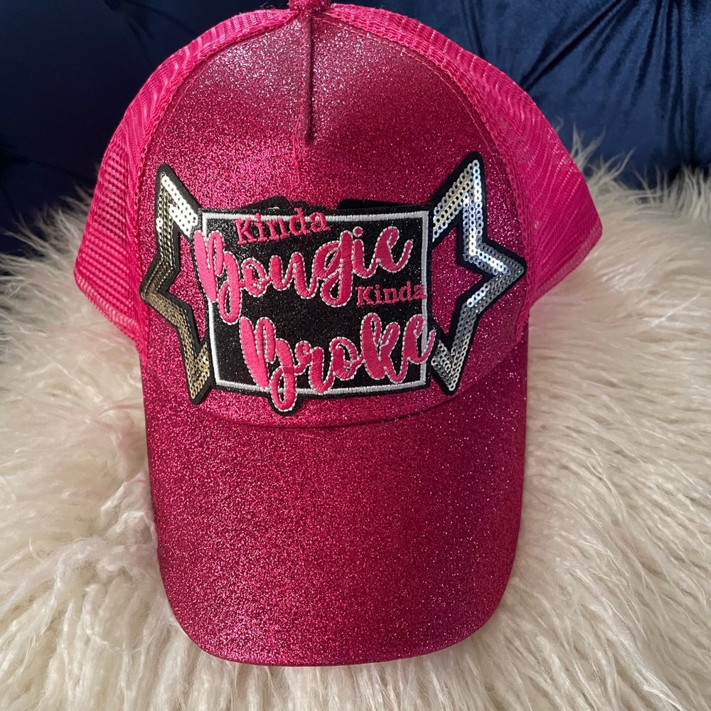 Women’s Custom Made Hot Pink Glitter Trucker Hat "Kinda Bougie Kinda Broke"
